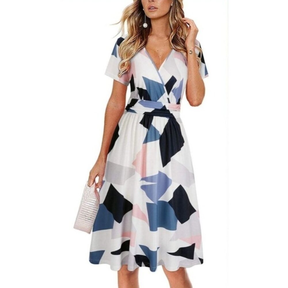 Womens Abstract Print V-Neck Short Sleeve Wrap Midi Dress Size M Casual Everyday